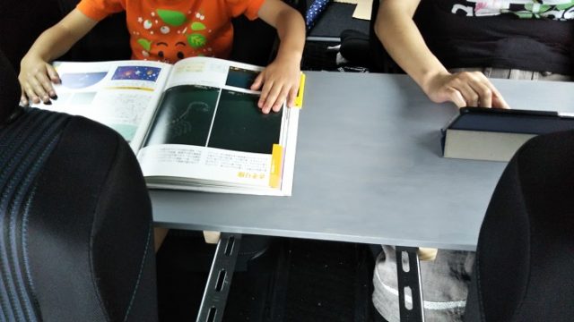 車内テーブルで子供が図鑑を読んでいる写真