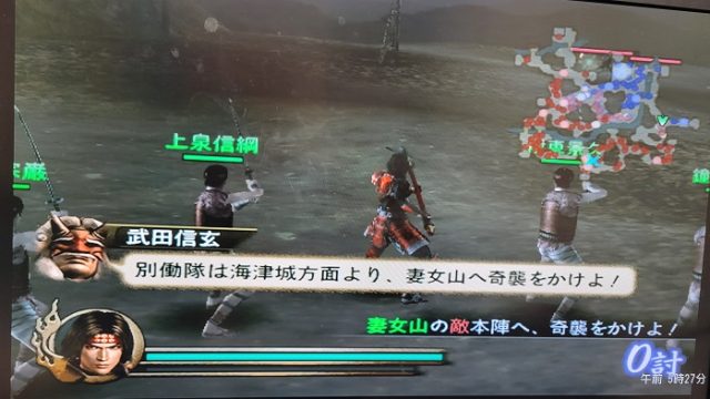 HDMIケーブルを使ったテレビ出力した、ゲームソフトの戦国無双の真田幸村：川中島の戦い編を撮影した写真。