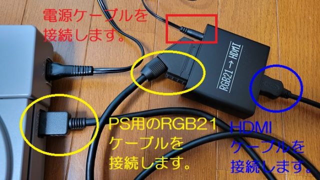 プレイステーションにRGB21ケーブルを接続して、HDMIコンバーターを使ってテレビに接続している写真。