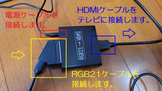 3Aカンパニー製レトロコンバーターとRGB21ケーブル、HDMIケーブル、電源ケーブルを接続している写真。