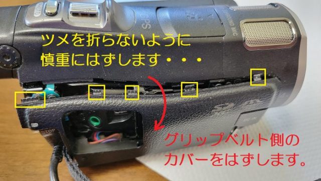 ソニー製ハンディカム：HDR-CX700Vのグリップベルト側のカバーのツメの位置を説明した写真。