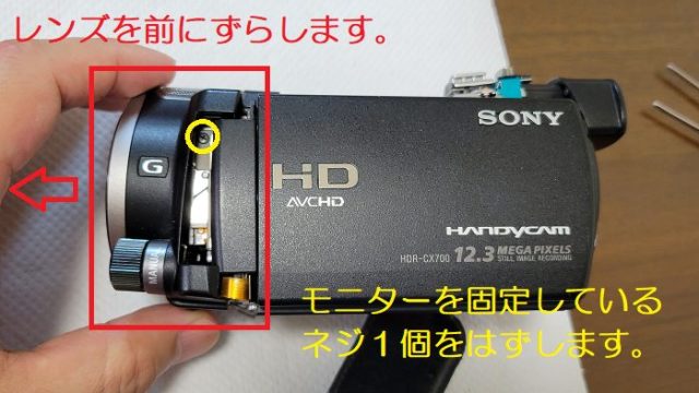 ソニー製ハンディカム：HDR-CX700Vのレンズを前にずらして見えてきた、モニターを固定しているネジ１個の位置を説明した写真。